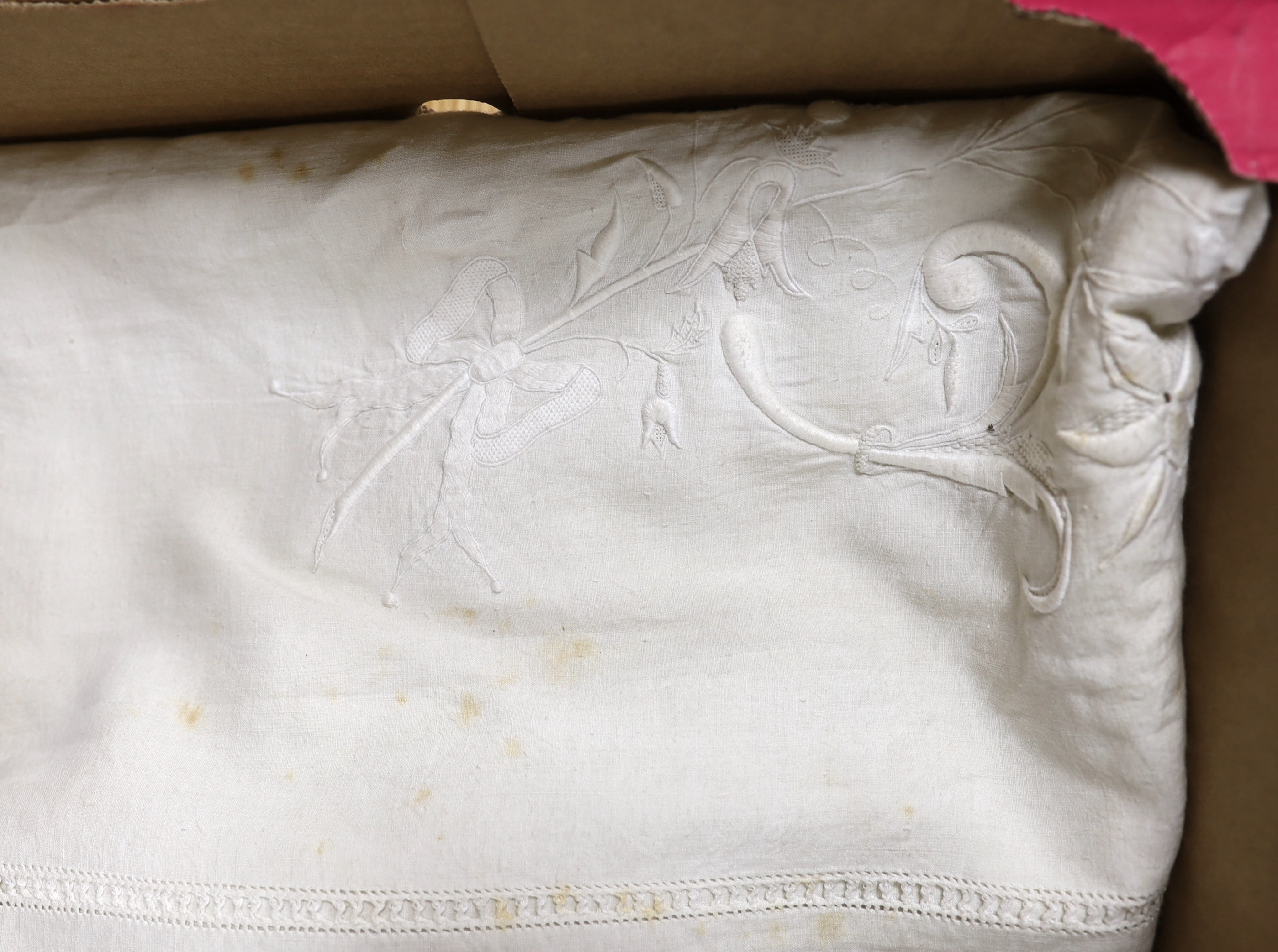 A monogrammed and embroidered lace edged French provincial linen sheet and pillowcase set (3), together with another lace inserted sheet and two plain pillowcases